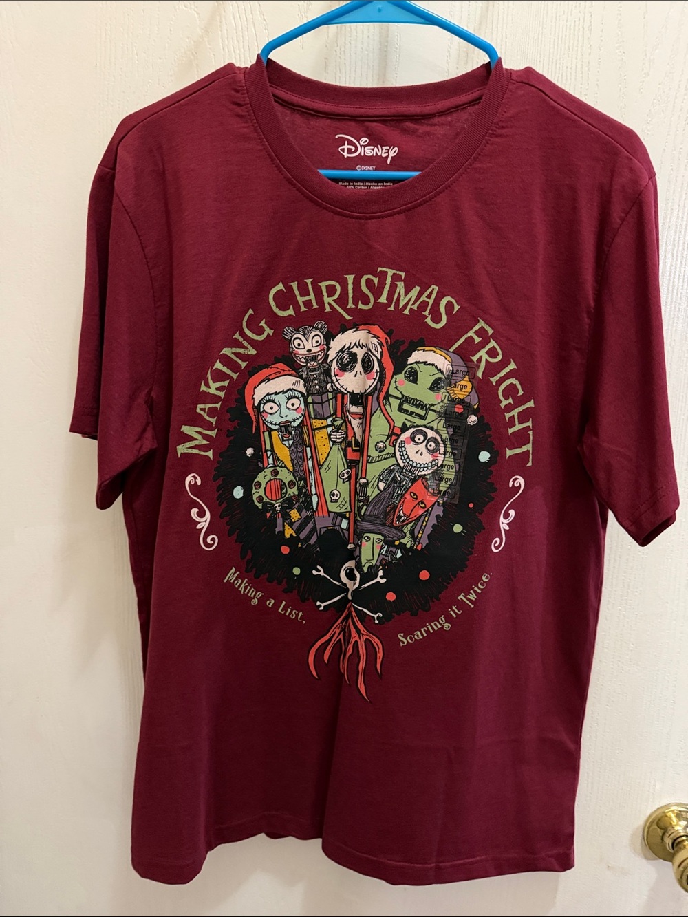 Disney Maroon Graphic Tee 'Making Christmas Fright' Holiday Characters